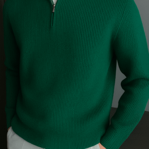 Half-Zip Ribbed high-neck sweate ( Bottle Green)