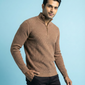 Half-Zip Ribbed high-neck sweate (Light coffe )