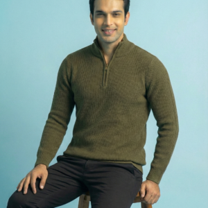 Half-Zip Ribbed high-neck sweate ( Bottle Green)
