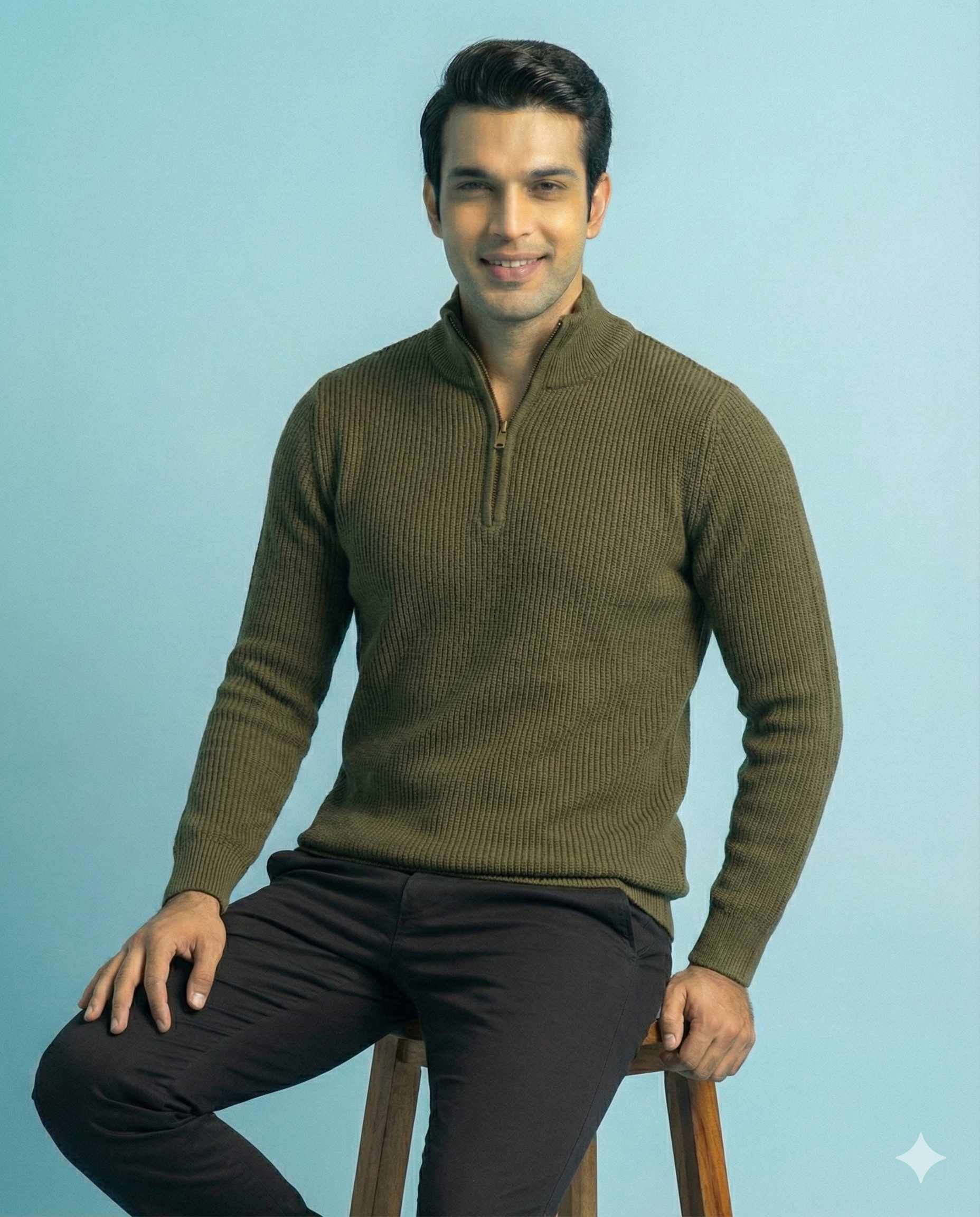 Half-Zip Ribbed high-neck sweate ( Bottle Green)